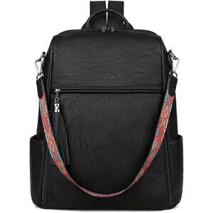 Women's Pure Black Retro Style Backpack Designer 15.6 inch PU Leather Laptop Bag